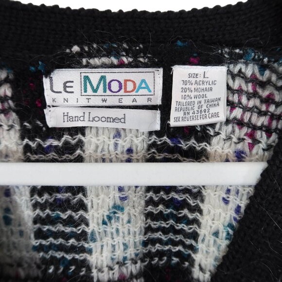 Vintage 80s Fuzzy Mohair Wool Hand Loomed Check Dolman Cardigan Sweater Size L - Picture 6 of 6